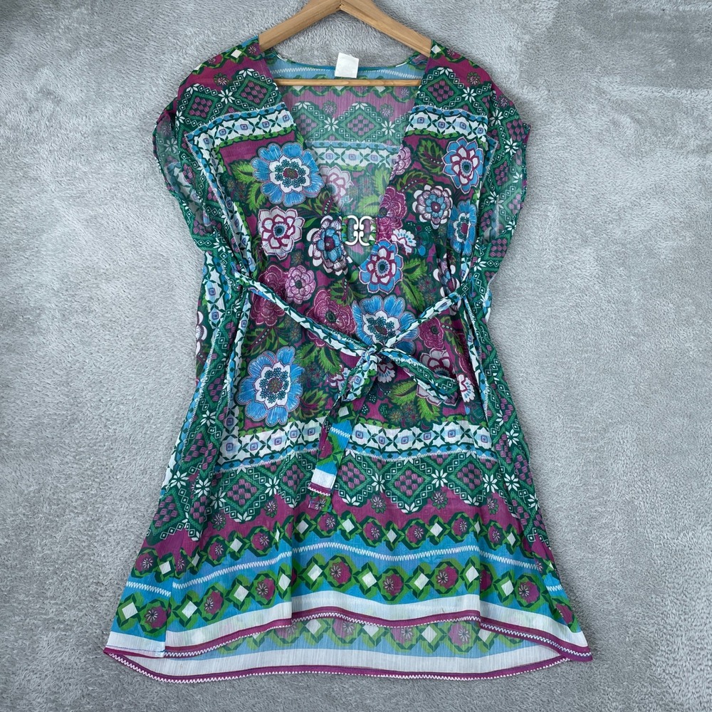 BECCA by Rebecca Virtue Cover Up Womens M/L Green Floral Y2K Boho Sheer Swim